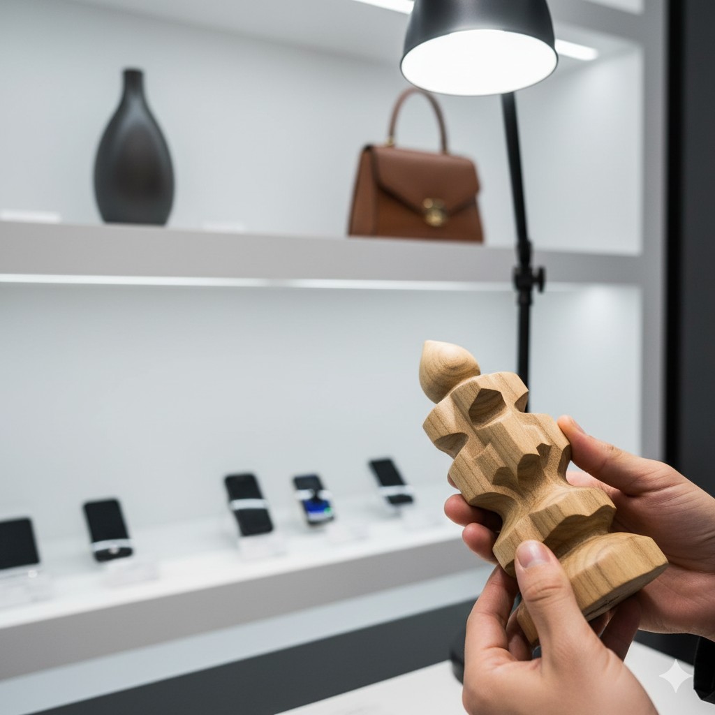 carefully examined in a factory showroom